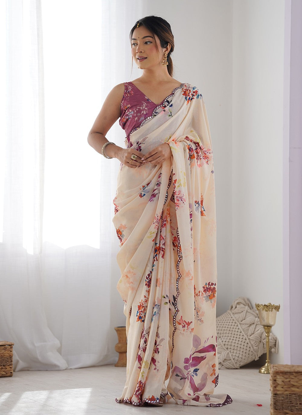 Classic Saree Digital Print Peach Chinon S12395