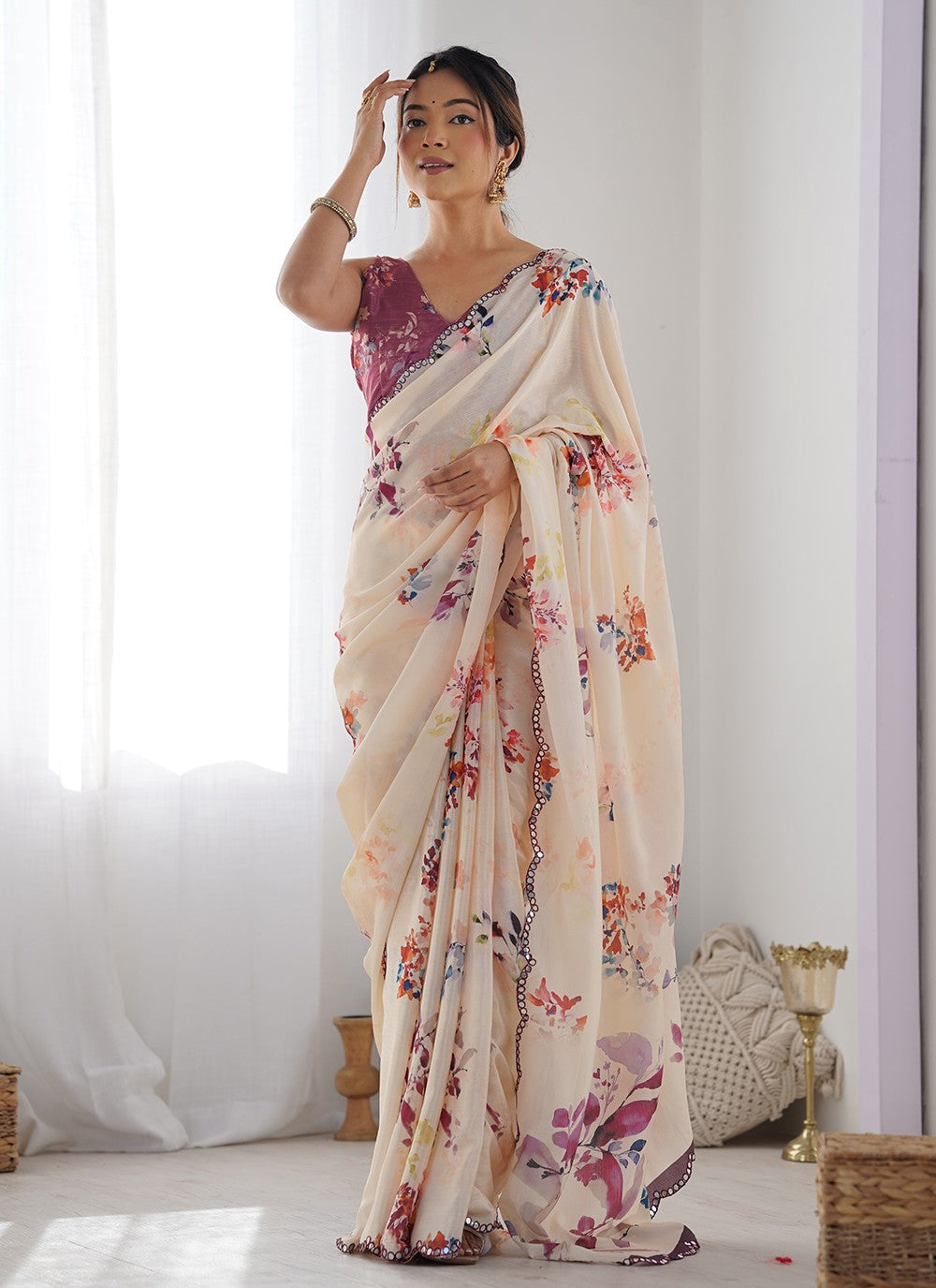 Classic Saree Digital Print Peach Chinon Saree S12395