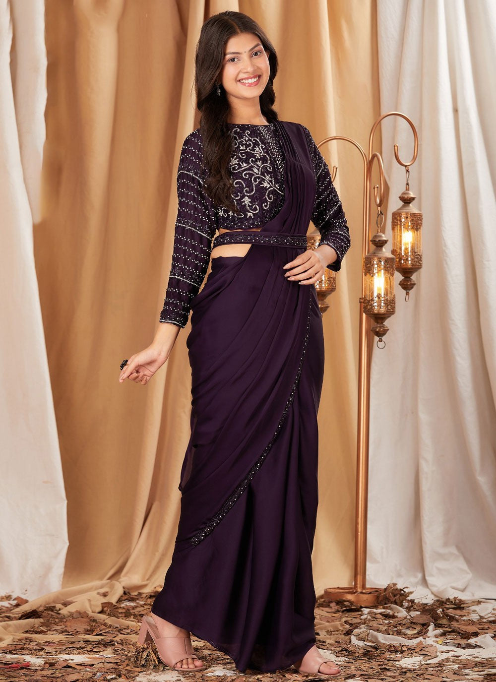 Classic Saree Embroidered Wine Chinon Saree S12950