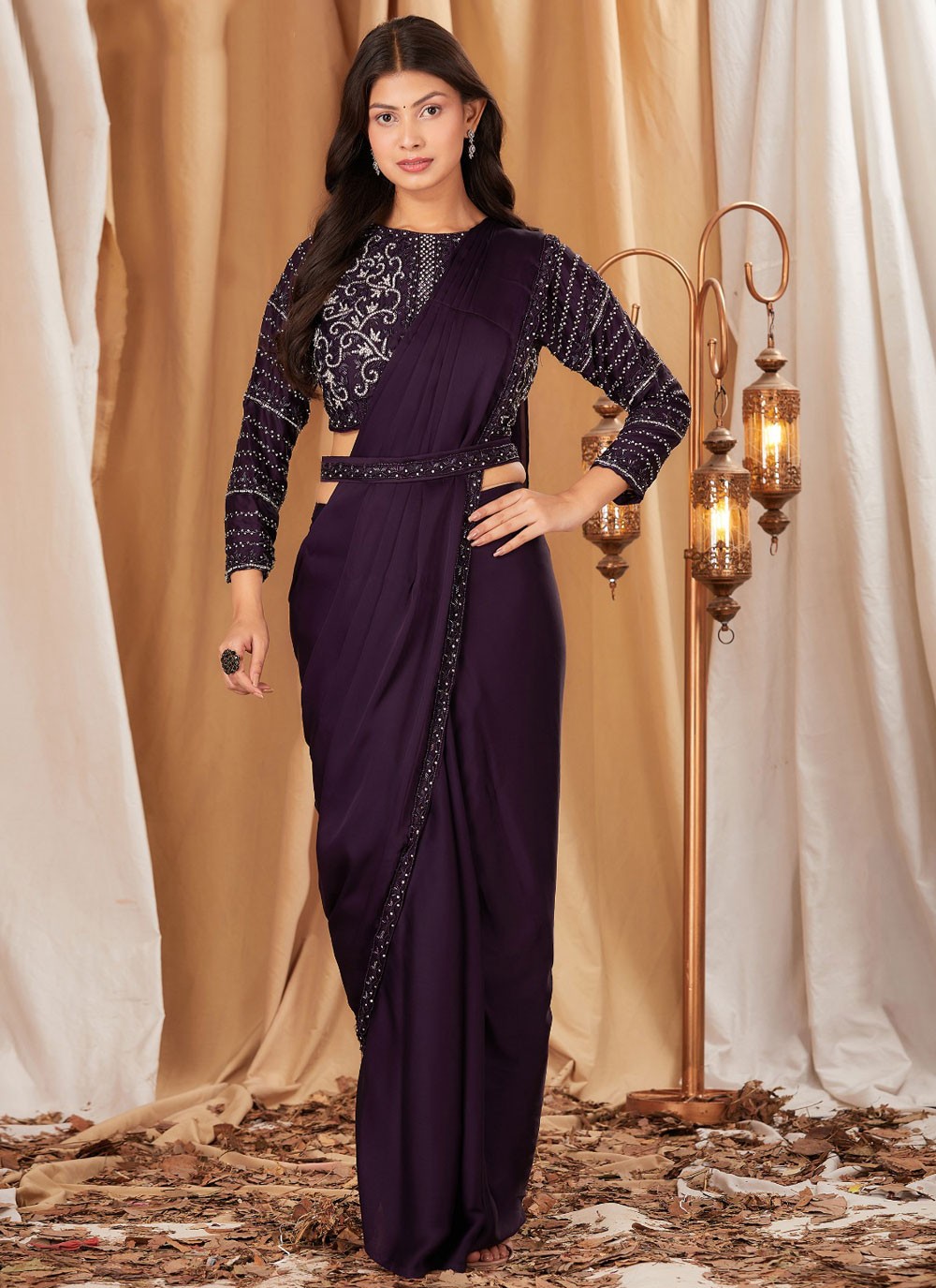 Classic Saree Embroidered Wine Chinon S12950