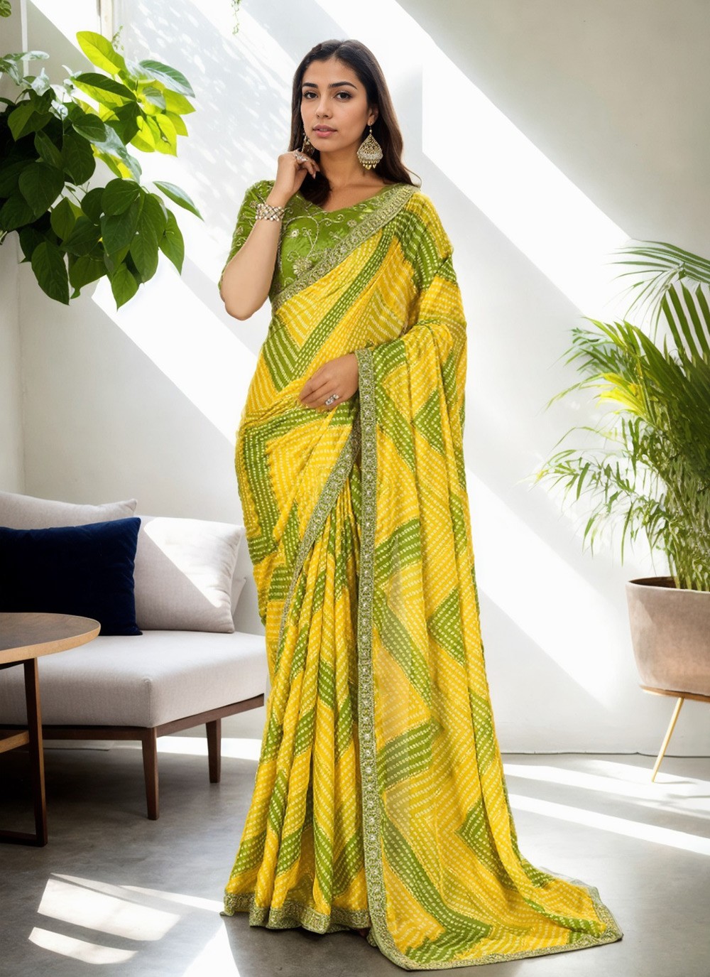 Contemporary Digital Print Yellow Chinon Saree S12649
