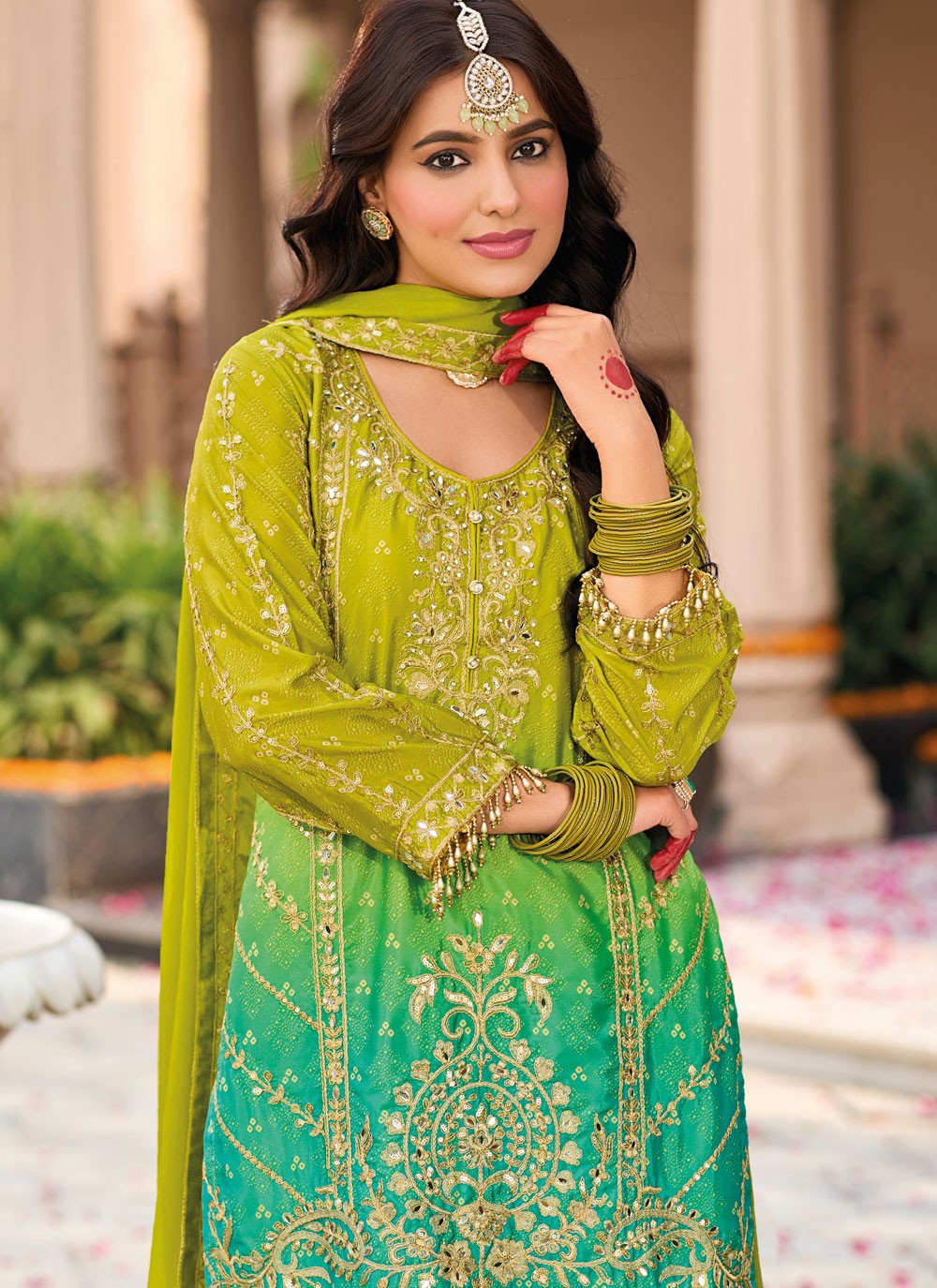 Salwar Suit Embroidered Green, Turquoise Chinon T5407