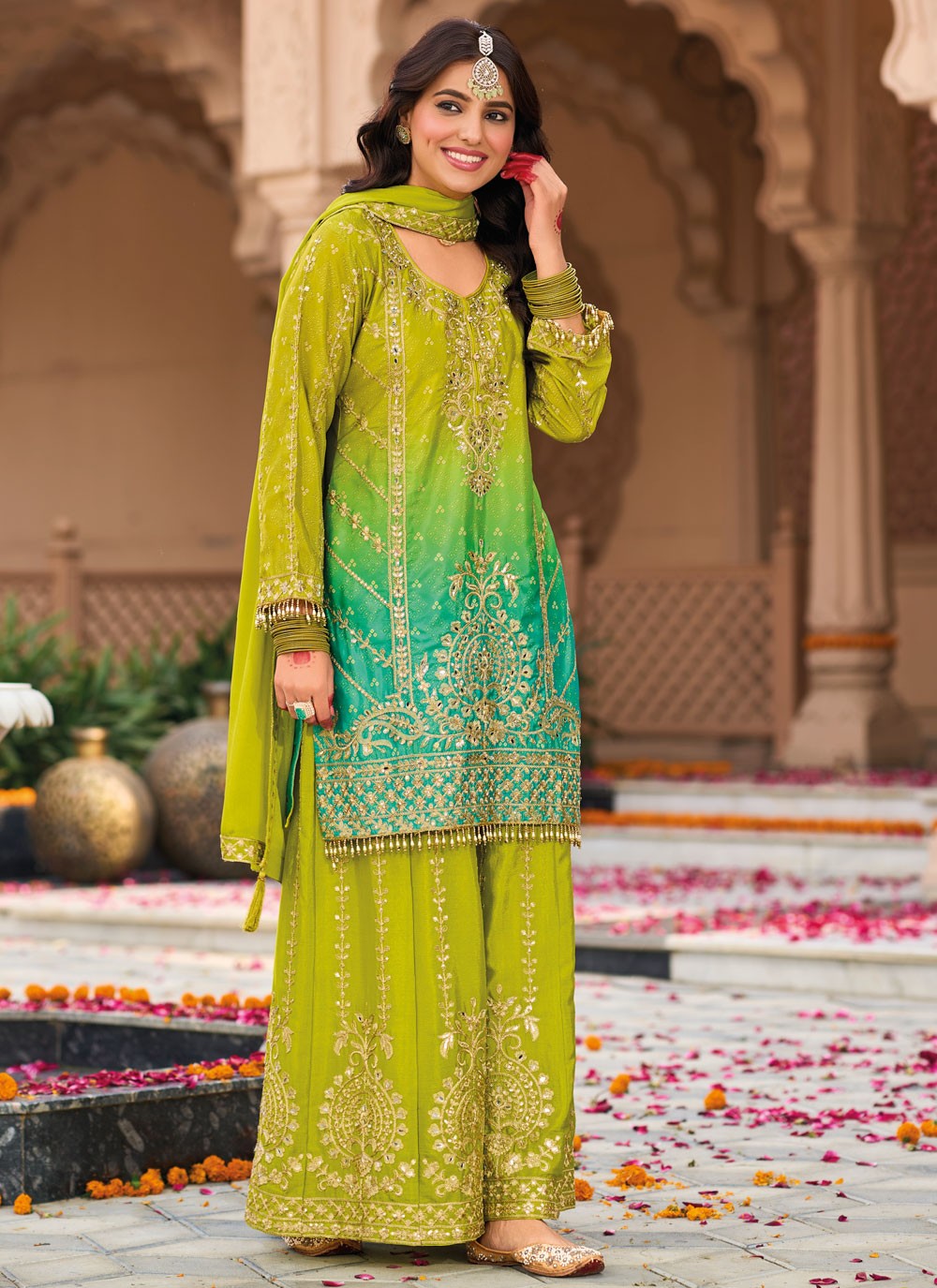 Salwar Suit Embroidered Green, Turquoise Chinon T5407