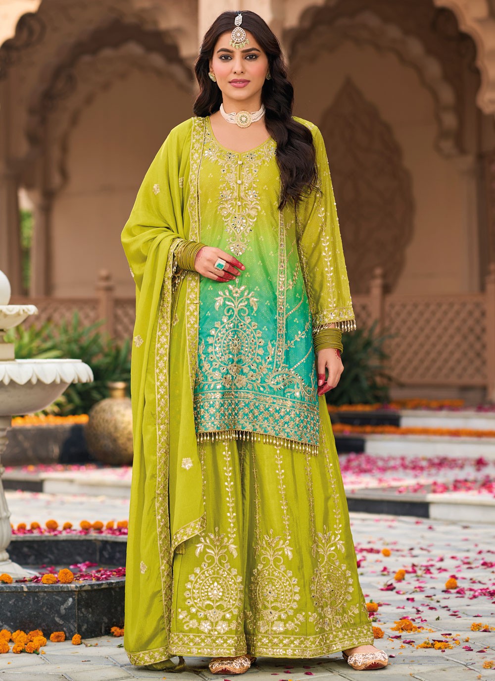Salwar Suit Embroidered Green, Turquoise Chinon T5407
