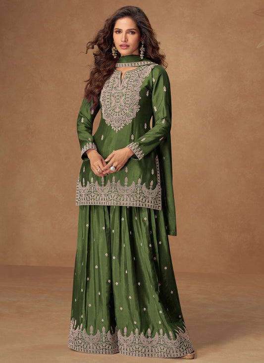 Palazzo Suit Embroidered Green T8542