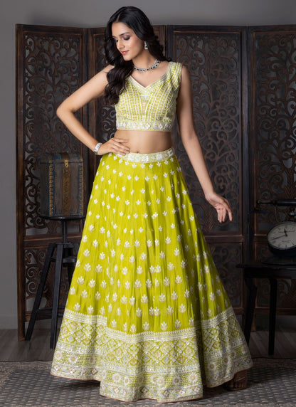 Embroidered Chinon Green Lehenga Choli L3720