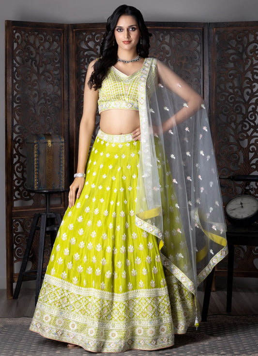 Embroidered Chinon Green Lehenga Choli L3720
