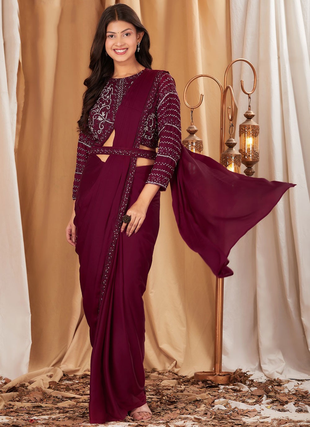 Traditional Embroidered Maroon Chinon S12952