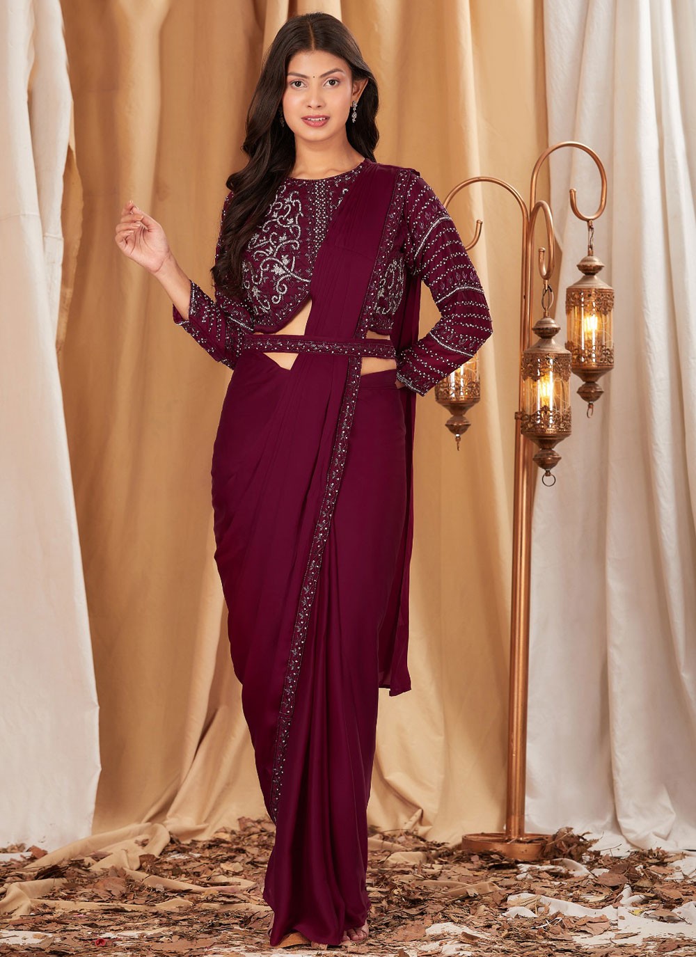 Traditional Embroidered Maroon Chinon S12952