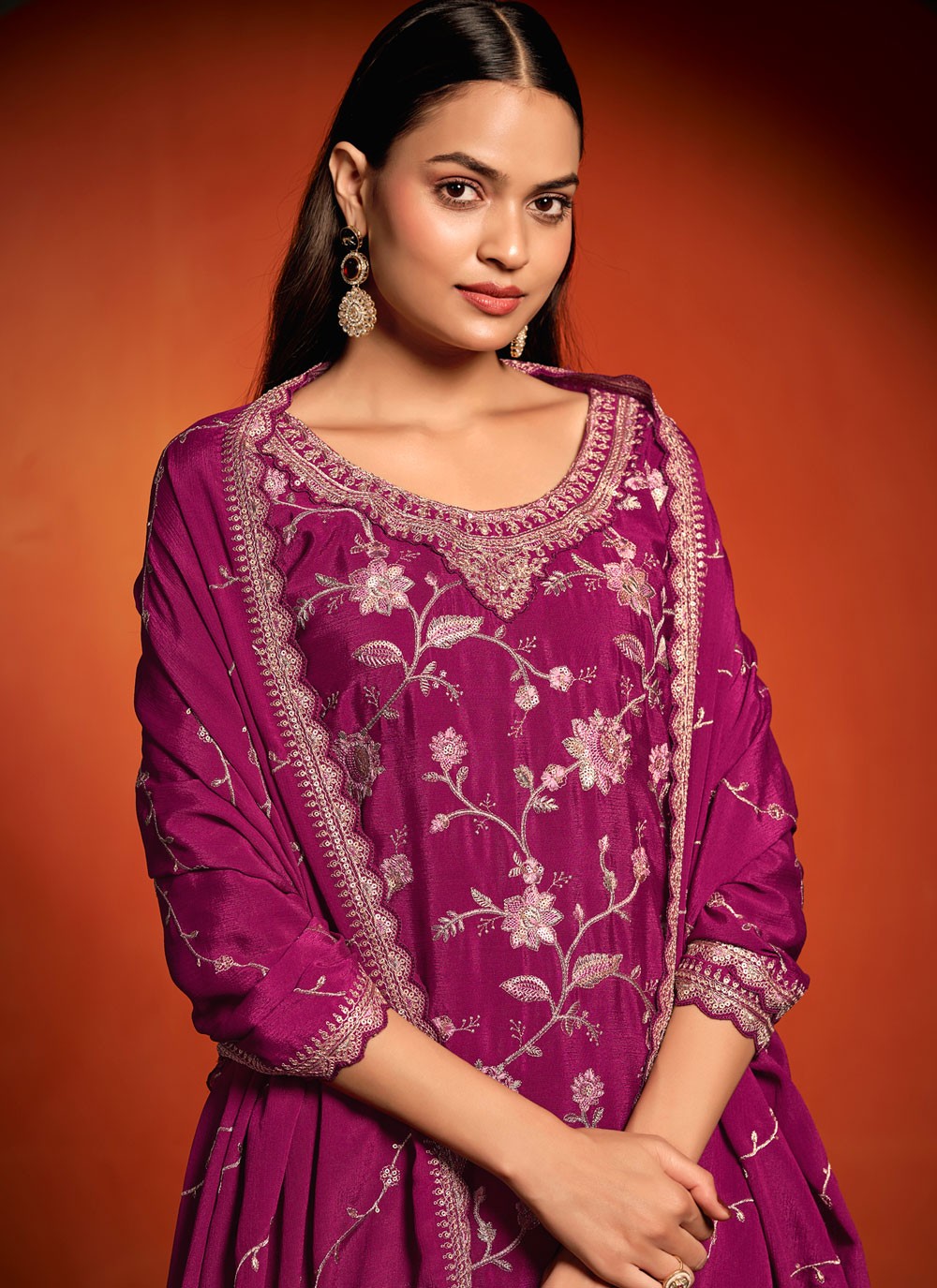 Palazzo Suit Embroidered, Thread, Zari Purple T7386