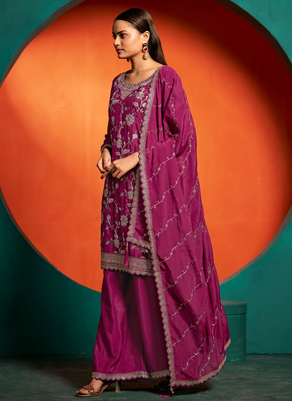 Palazzo Suit Embroidered, Thread, Zari Purple T7386