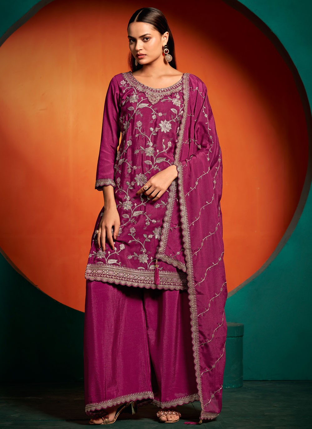 Palazzo Suit Embroidered, Thread, Zari Purple T7386
