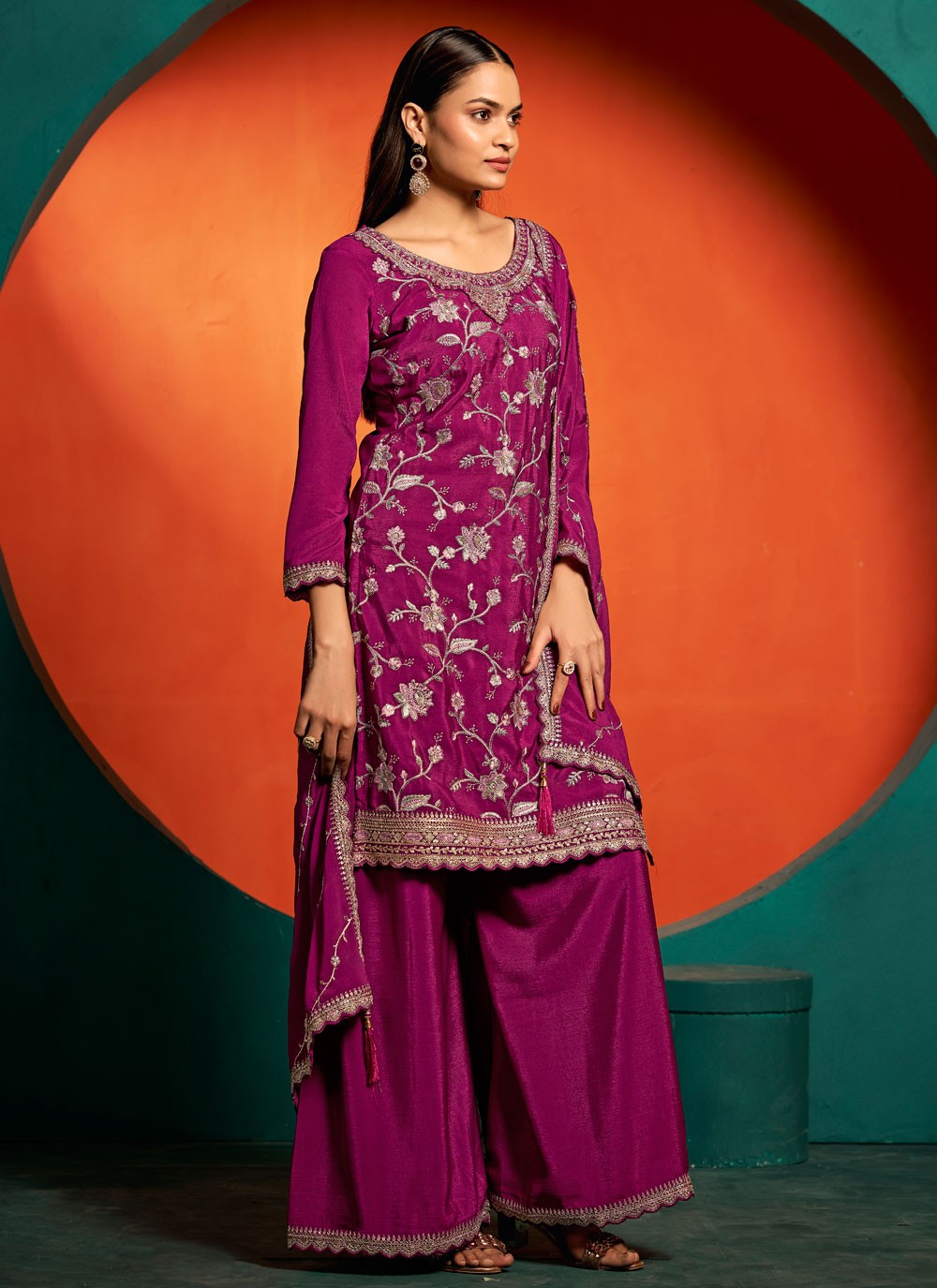 Palazzo Suit Embroidered, Thread, Zari Purple T7386