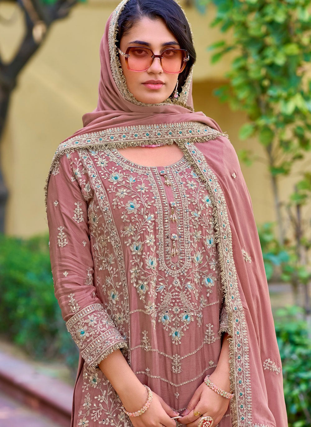 Embroidered Chinon Pink Pant Style Suit T6392