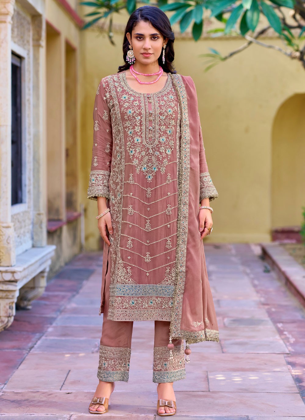 Embroidered Chinon Pink Pant Style Suit T6392