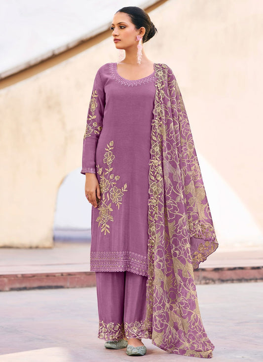 Palazzo Suit Embroidered Purple T7668