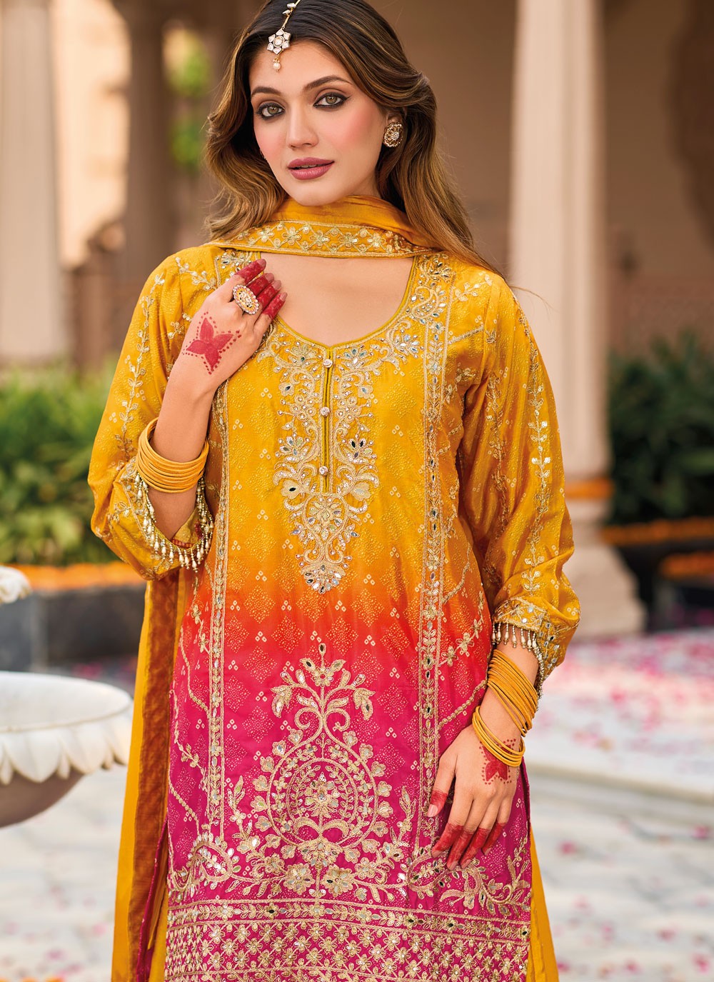 Salwar Suit Embroidered Hot Pink, Yellow Chinon T5408