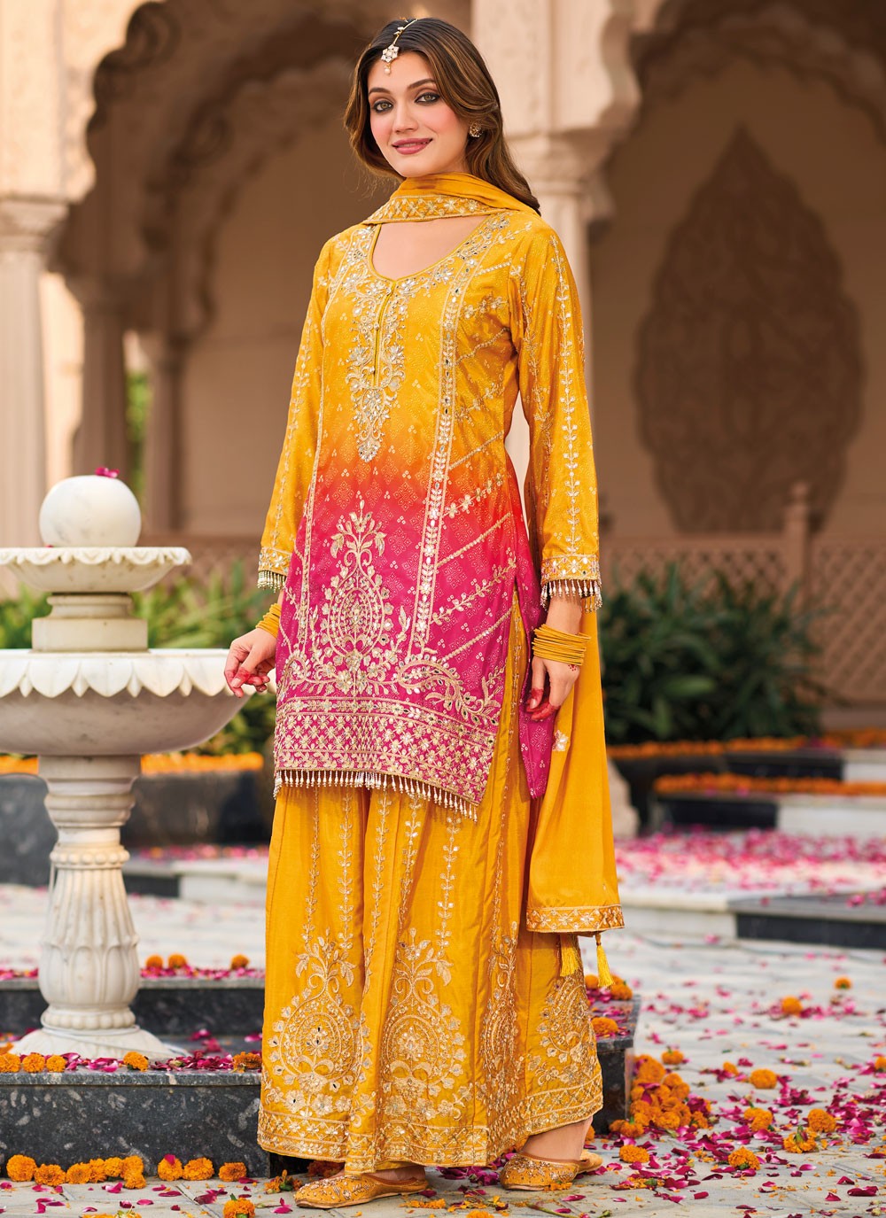 Salwar Suit Embroidered Hot Pink, Yellow Chinon T5408