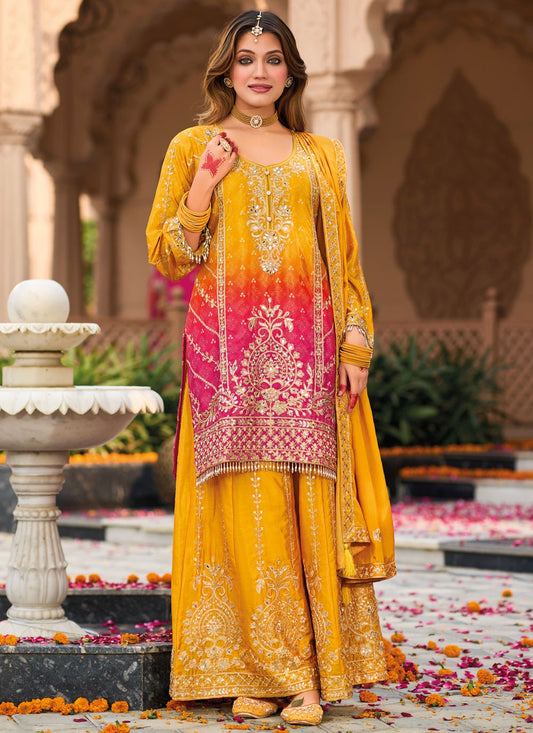 Salwar Suit Embroidered Hot Pink, Yellow Chinon T5408
