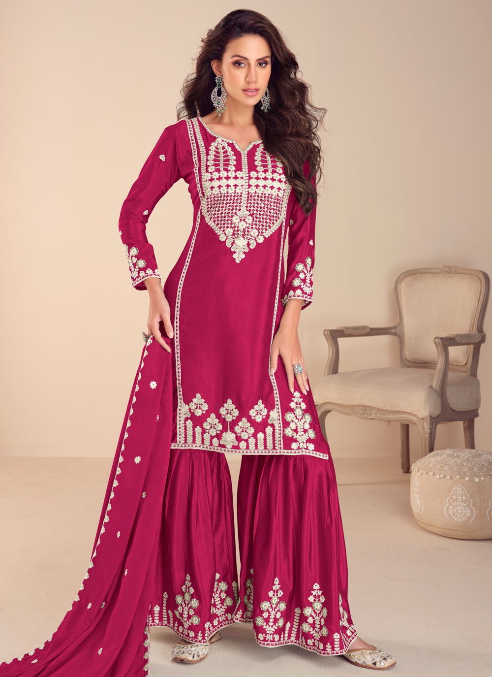 Embroidered Chinon Hot Pink Salwar Suit T6017