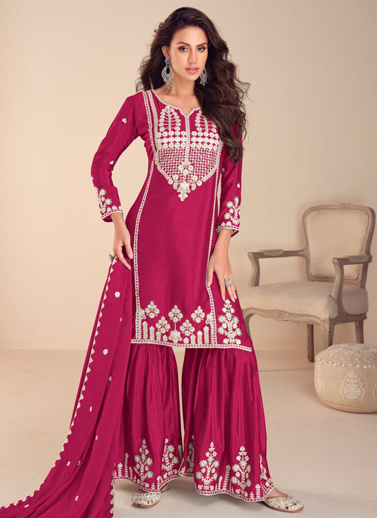 Embroidered Chinon Hot Pink Salwar Suit T6017