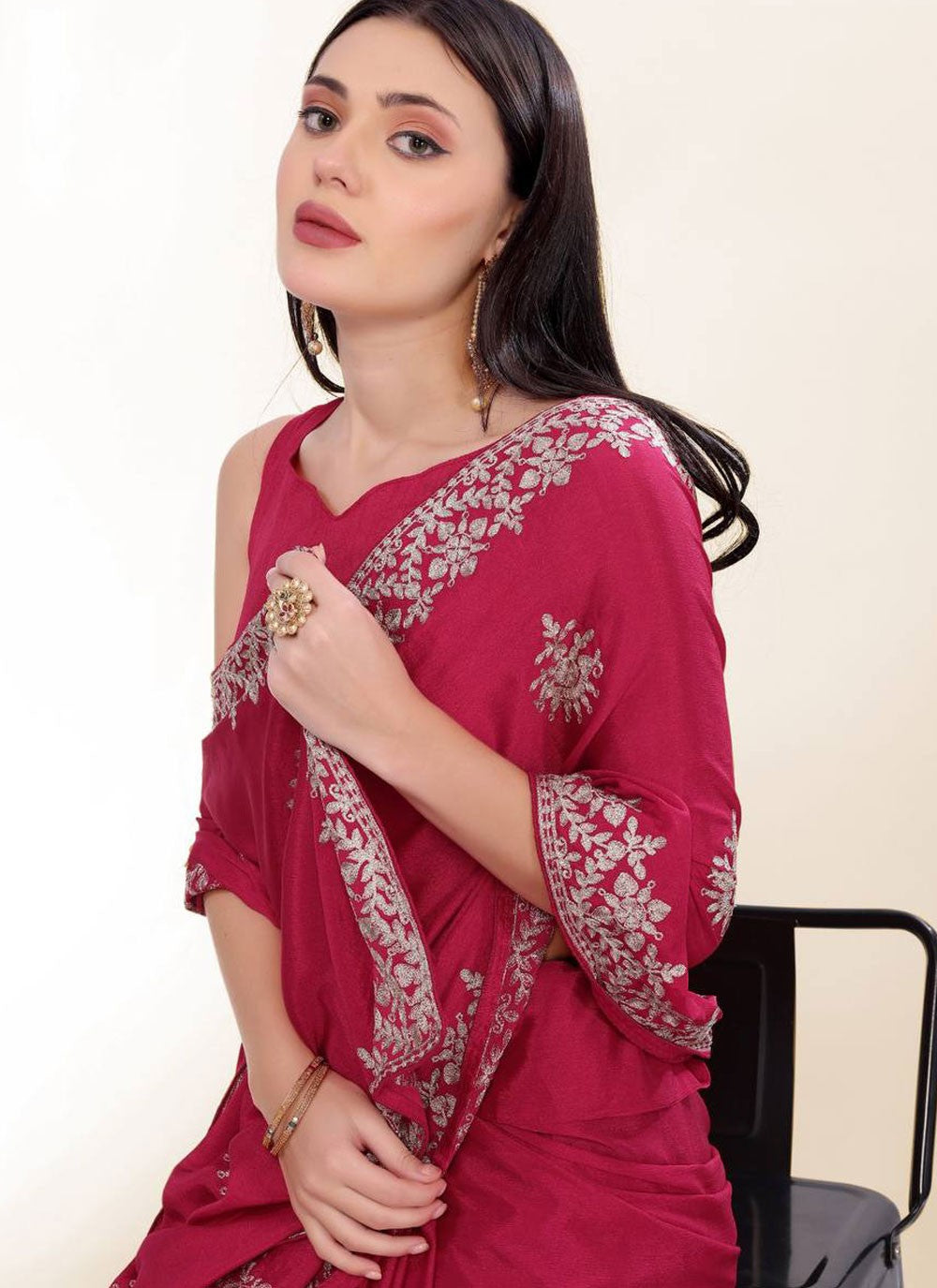 Embroidered Chinon Hot Pink Saree S13931