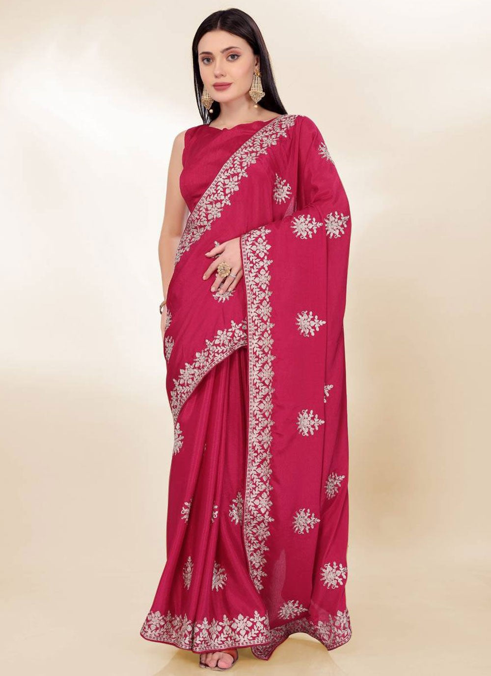 Embroidered Chinon Hot Pink Saree S14167