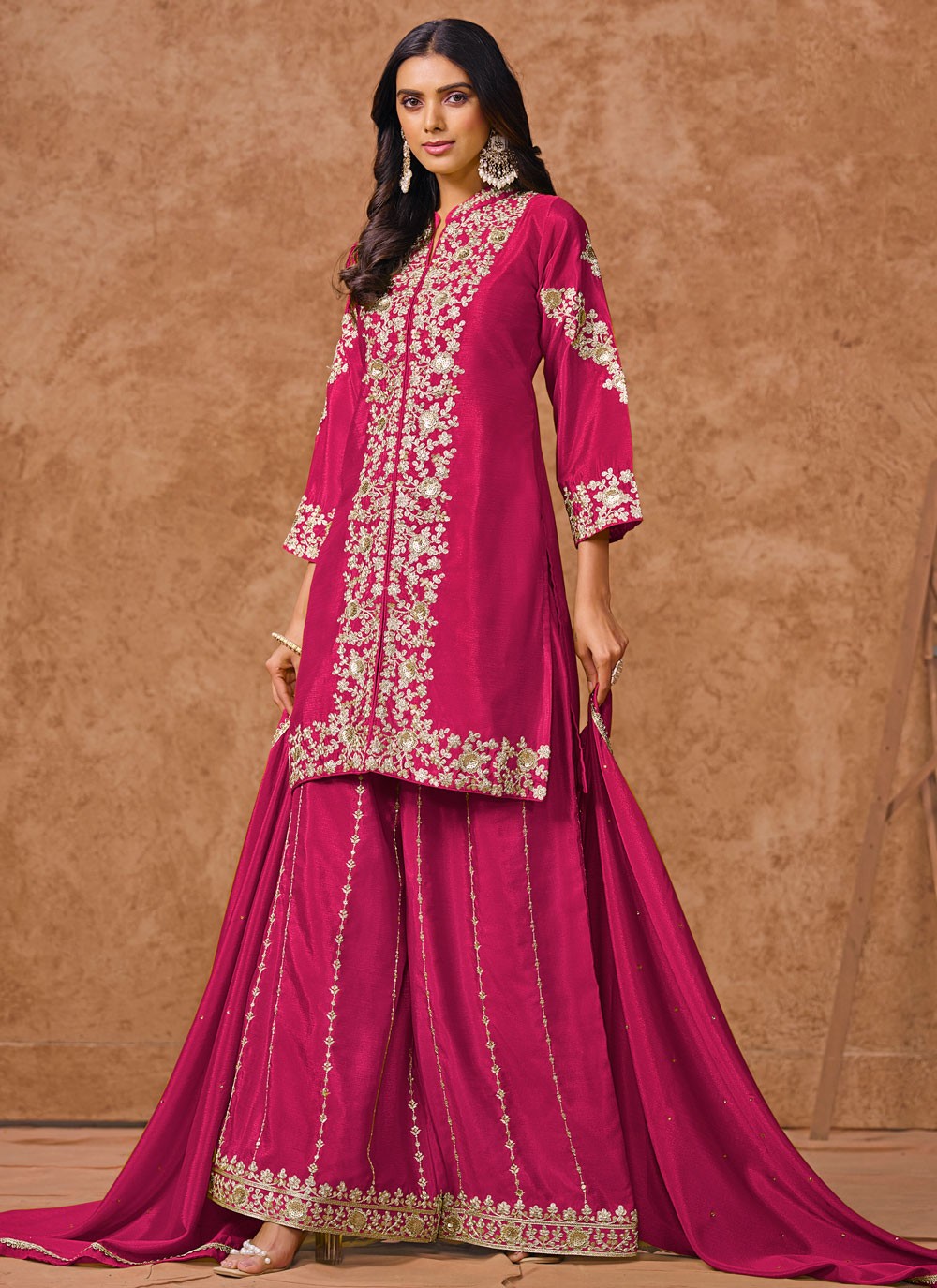 Palazzo Suit Embroidered Hot Pink Chinon T5743