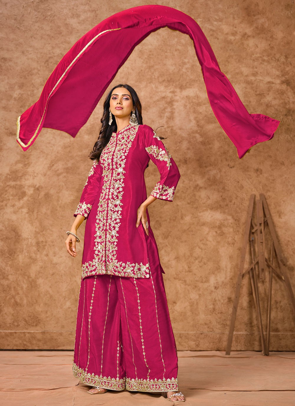 Palazzo Suit Embroidered Hot Pink Chinon T5743