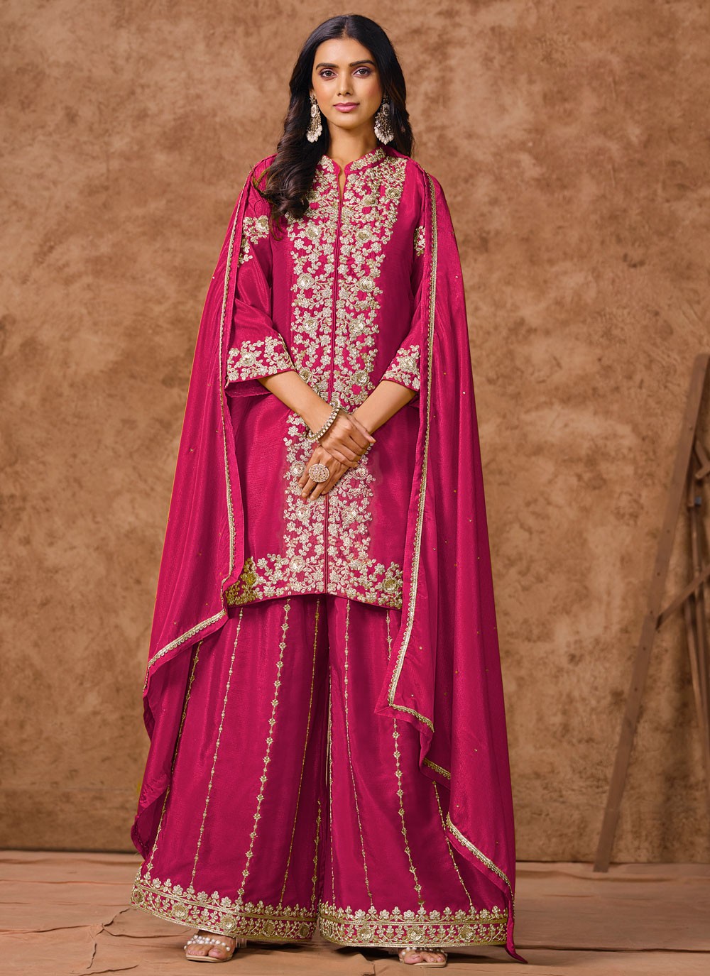 Palazzo Suit Embroidered Hot Pink Chinon T5743