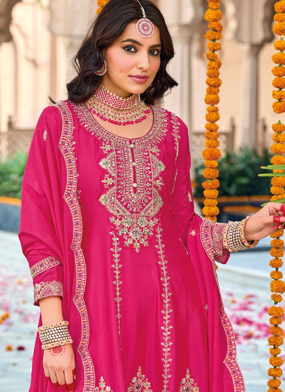 Pant Style Suit Embroidered, Sequins, Zari Hot Pink T7707