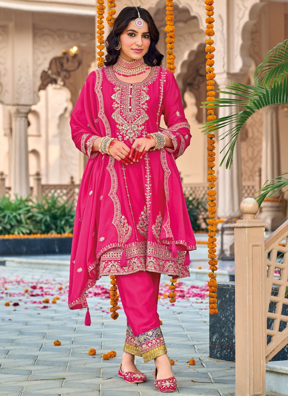 Pant Style Suit Embroidered, Sequins, Zari Hot Pink T7707