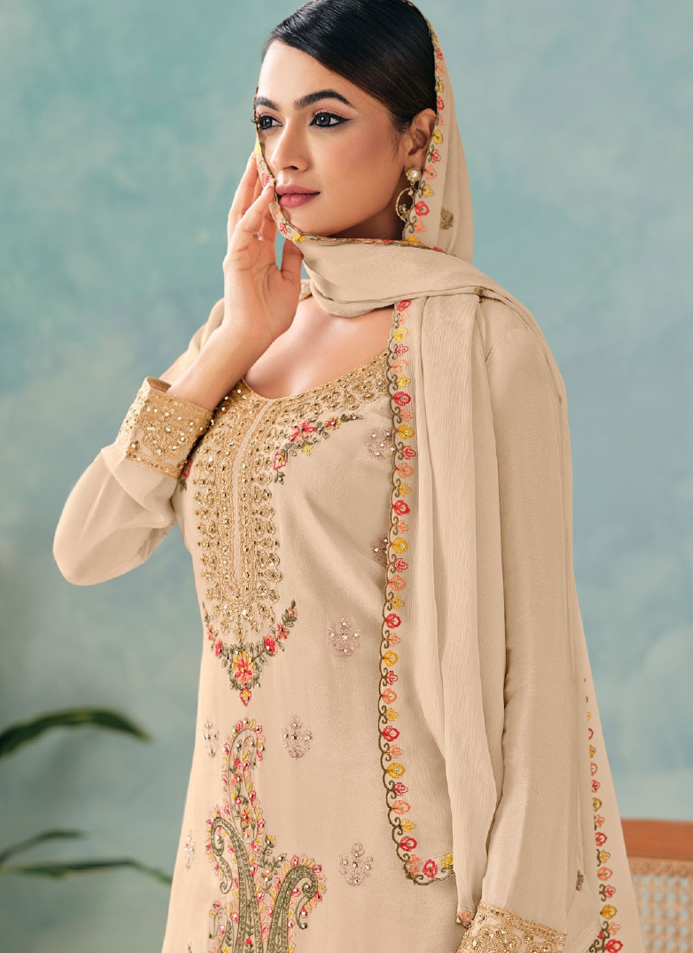 Palazzo Suit Embroidered, Stones, Zari Cream T7631