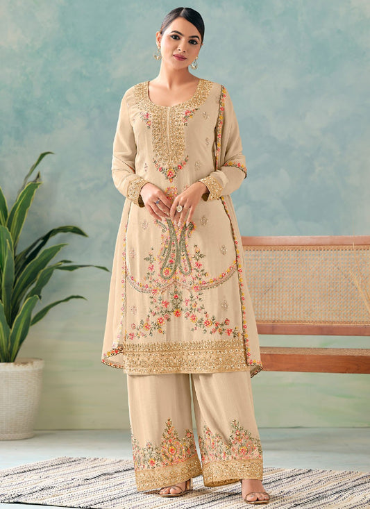 Palazzo Suit Embroidered, Stones, Zari Cream T7631