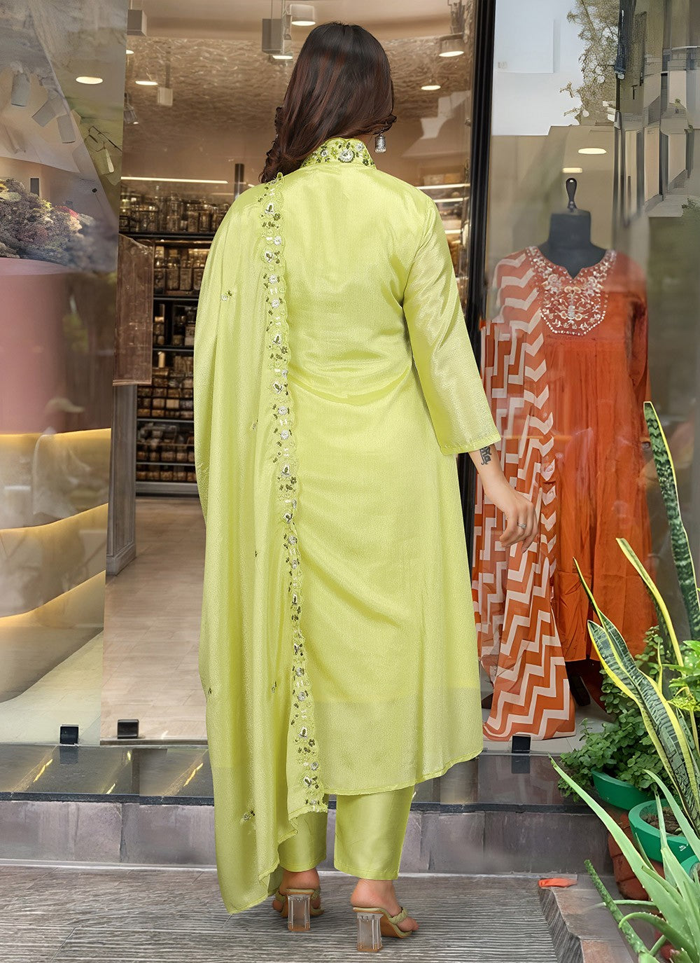 Embroidered Chinon Green Salwar Suit T6406