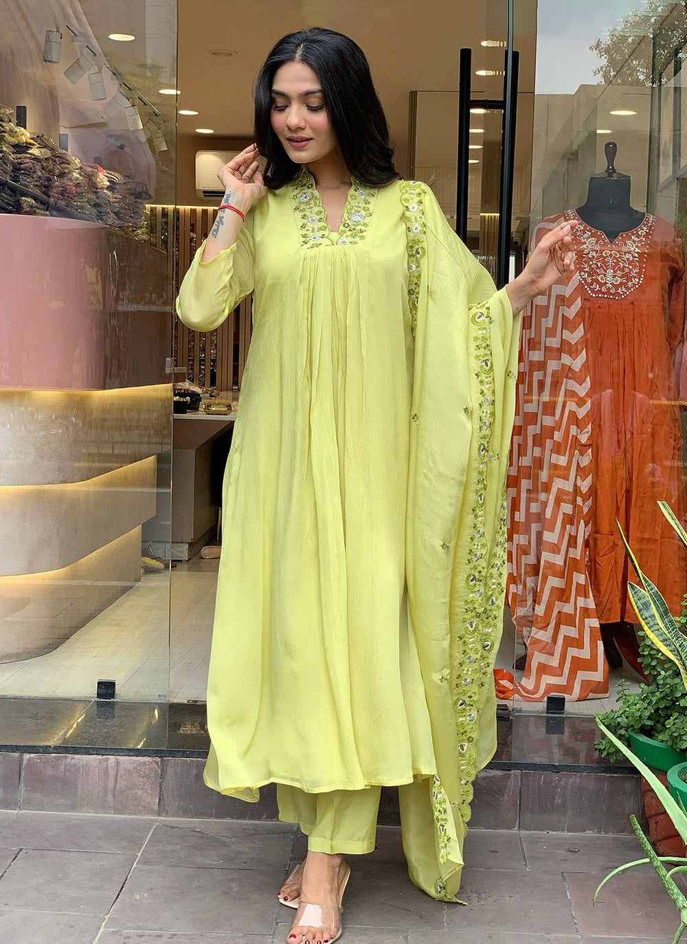 Embroidered Chinon Green Salwar Suit T6406