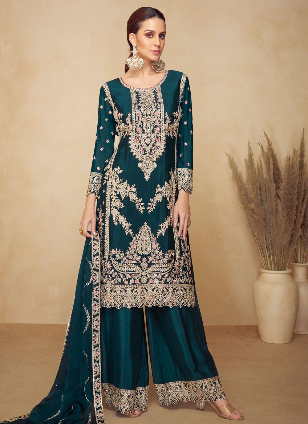 Palazzo Suit Embroidered Teal T8545