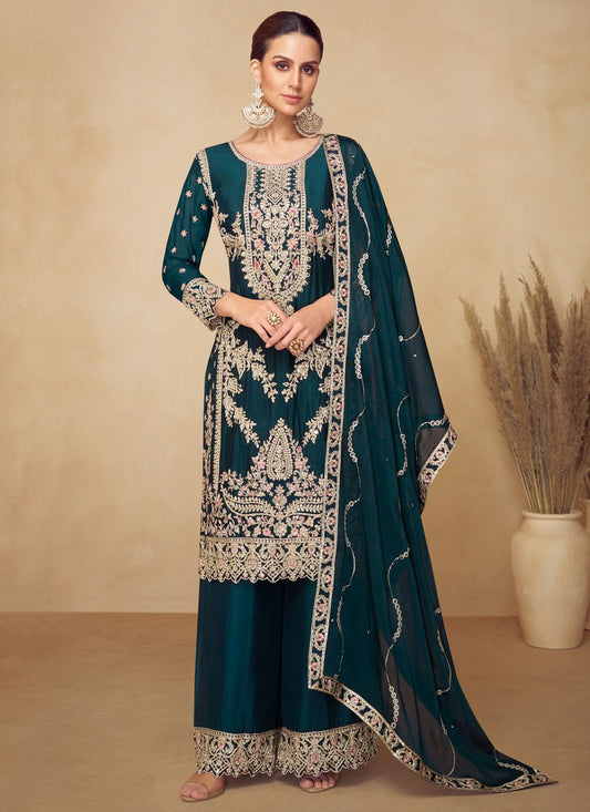 Palazzo Suit Embroidered Teal T8545