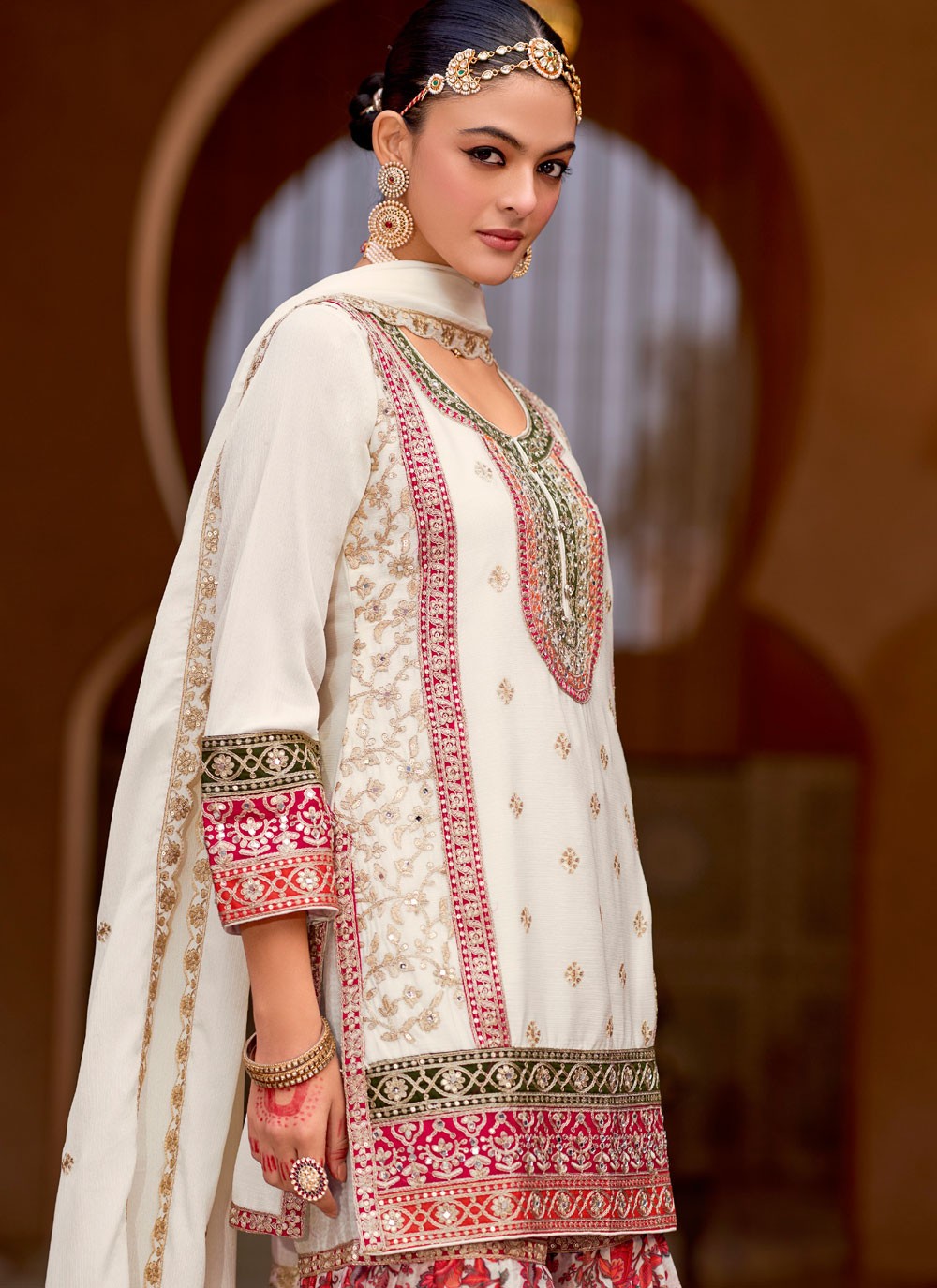 Sharara Suit Embroidered, Mirror, Zari White T7555