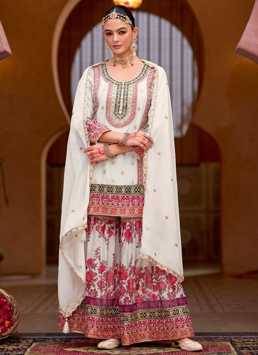 Sharara Suit Embroidered, Mirror, Zari White T7555