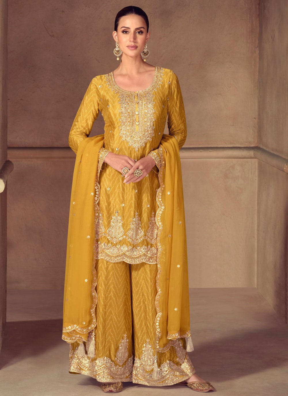 Palazzo Suit Embroidered, Printed, Sequins, Zari Yellow T7787