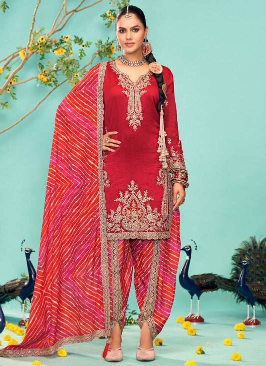 Salwar Suit Embroidered Red Chinon T5174