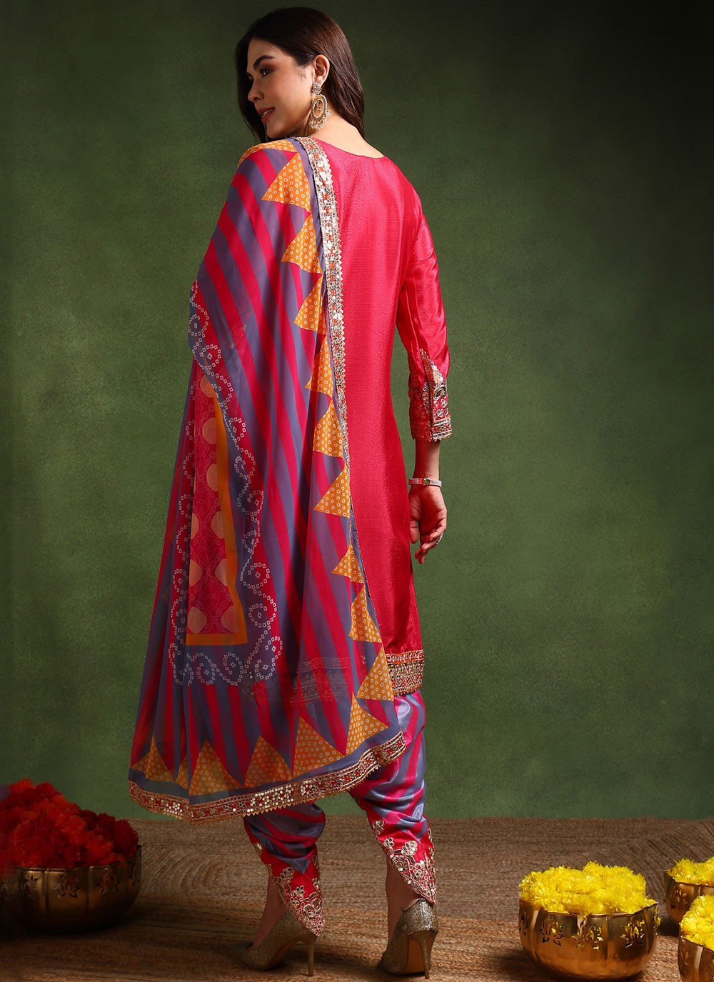 Dhoti Style Salwar Suit Embroidered, Sequins, Zari Hot Pink T7647
