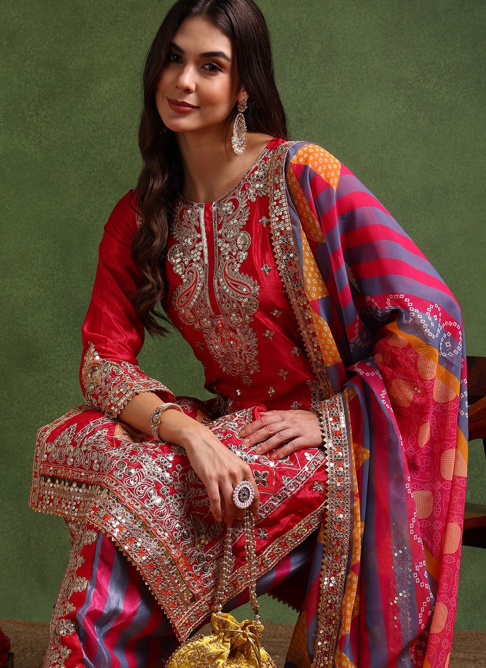 Dhoti Style Salwar Suit Embroidered, Sequins, Zari Hot Pink T7647