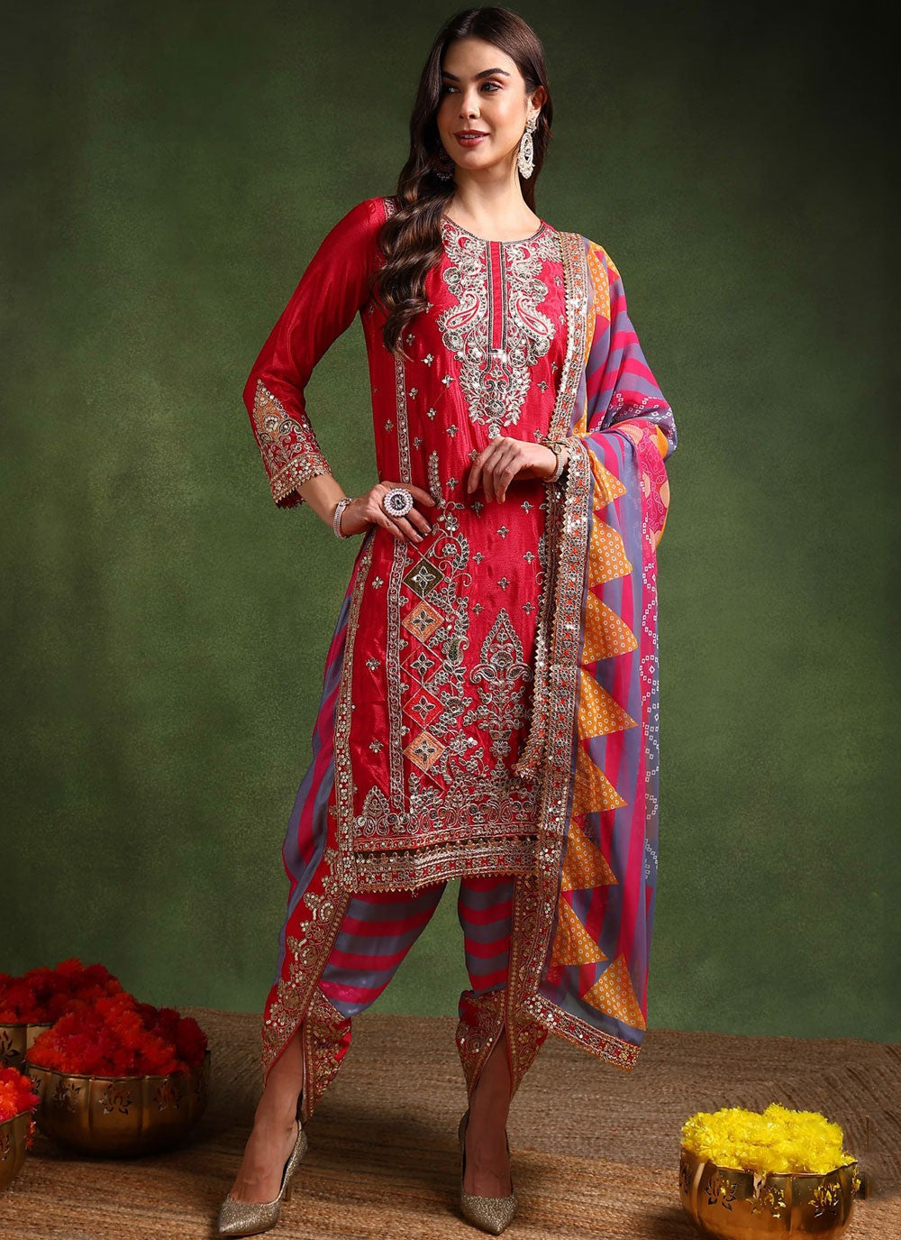 Dhoti Style Salwar Suit Embroidered, Sequins, Zari Hot Pink T7647