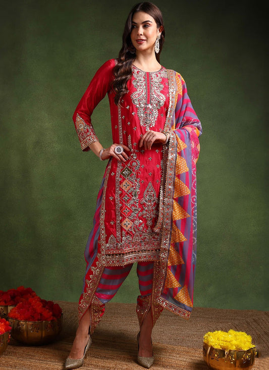 Dhoti Style Salwar Suit Embroidered, Sequins, Zari Hot Pink T7647