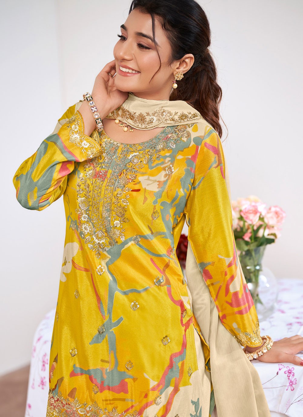 Palazzo Suit Embroidered, Printed, Sequins, Zari Yellow T8272