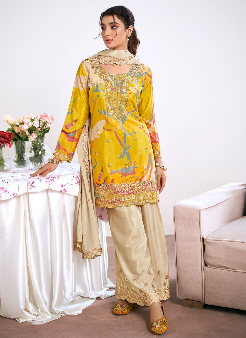 Palazzo Suit Embroidered, Printed, Sequins, Zari Yellow T8272