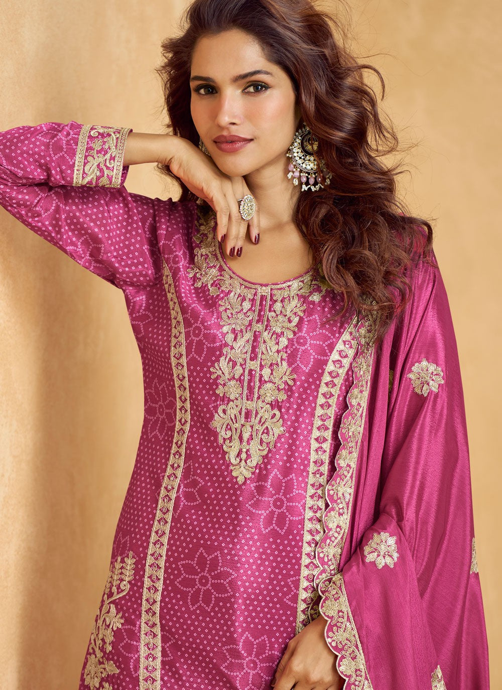 Embroidered Chinon Magenta Sharara Suit T6300