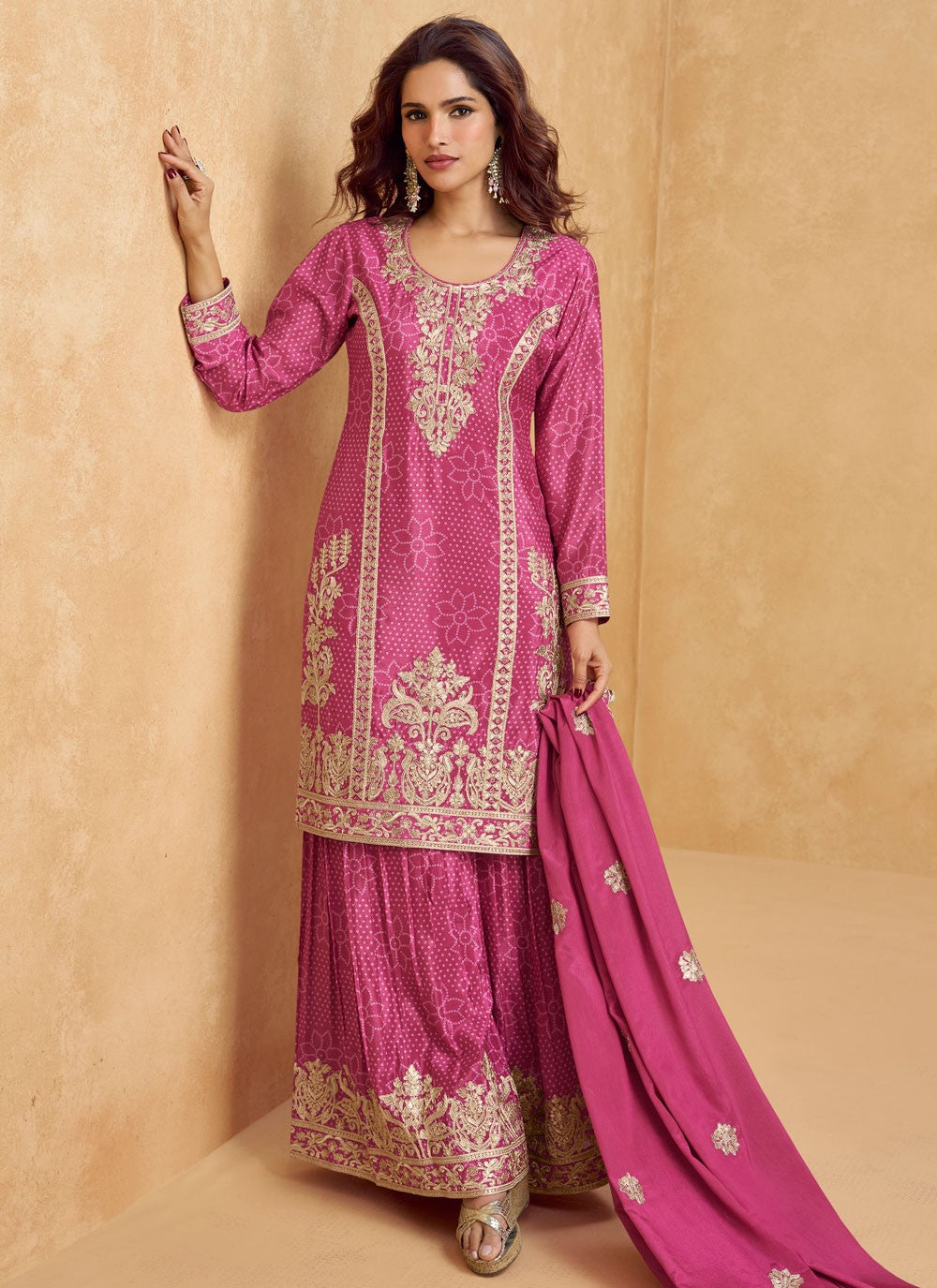 Embroidered Chinon Magenta Sharara Suit T6300